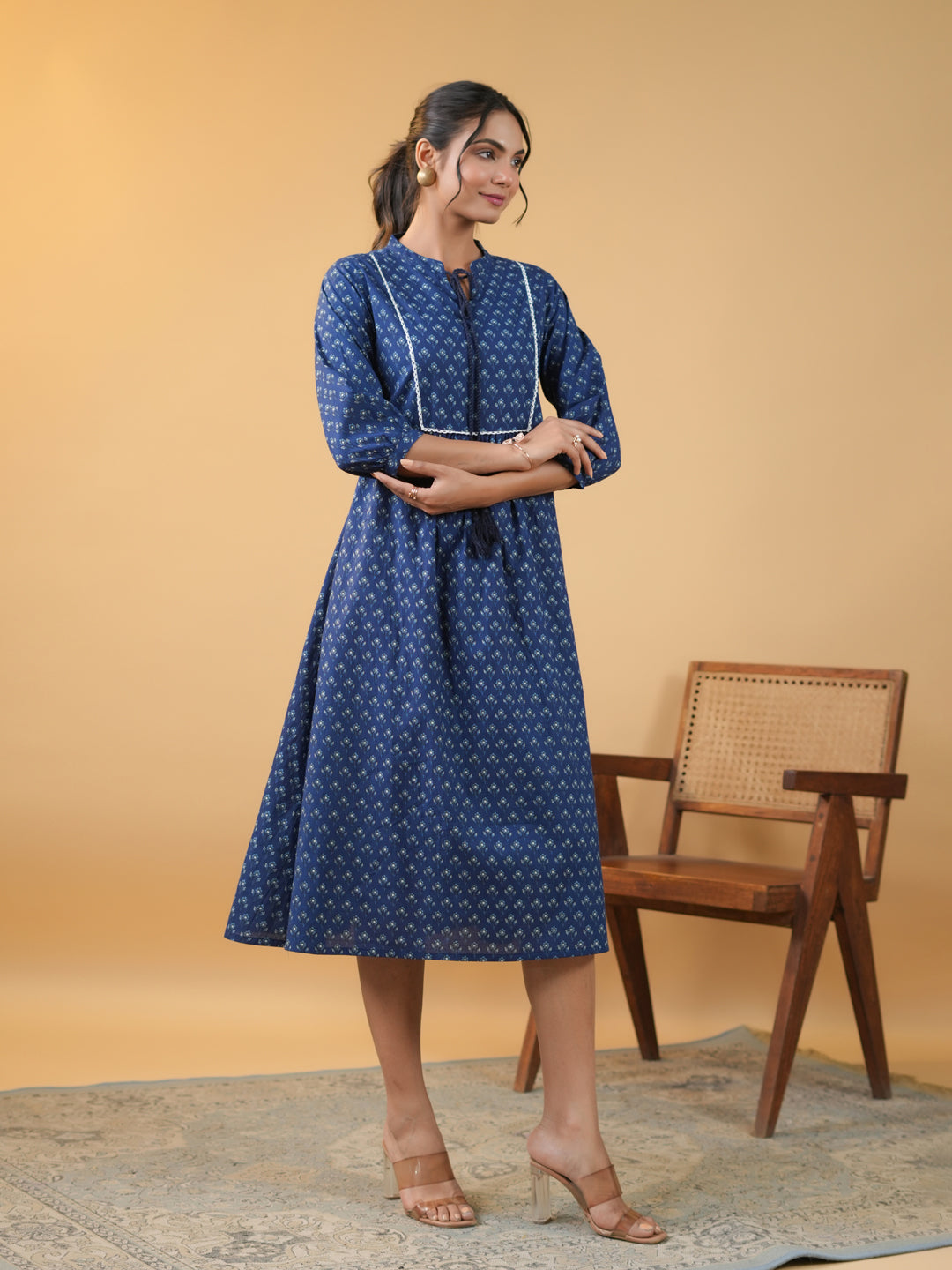 Indigo Cotton Floral Printed A-Line Kurta