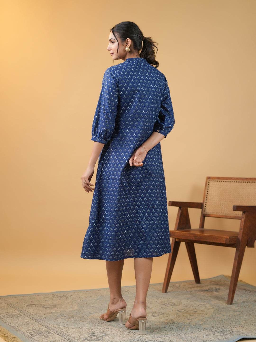 Indigo Cotton Floral Printed A-Line Kurta