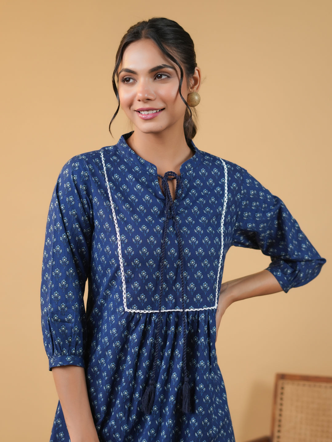 Indigo Cotton Floral Printed A-Line Kurta