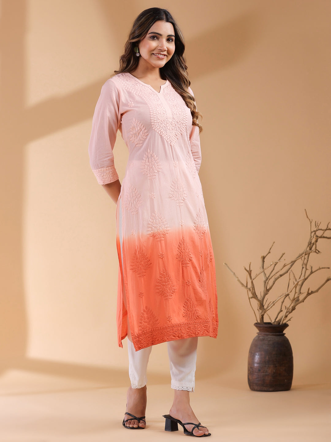 Peach Ombre Pure Cotton Chikankari Embroidered Straight Kurta