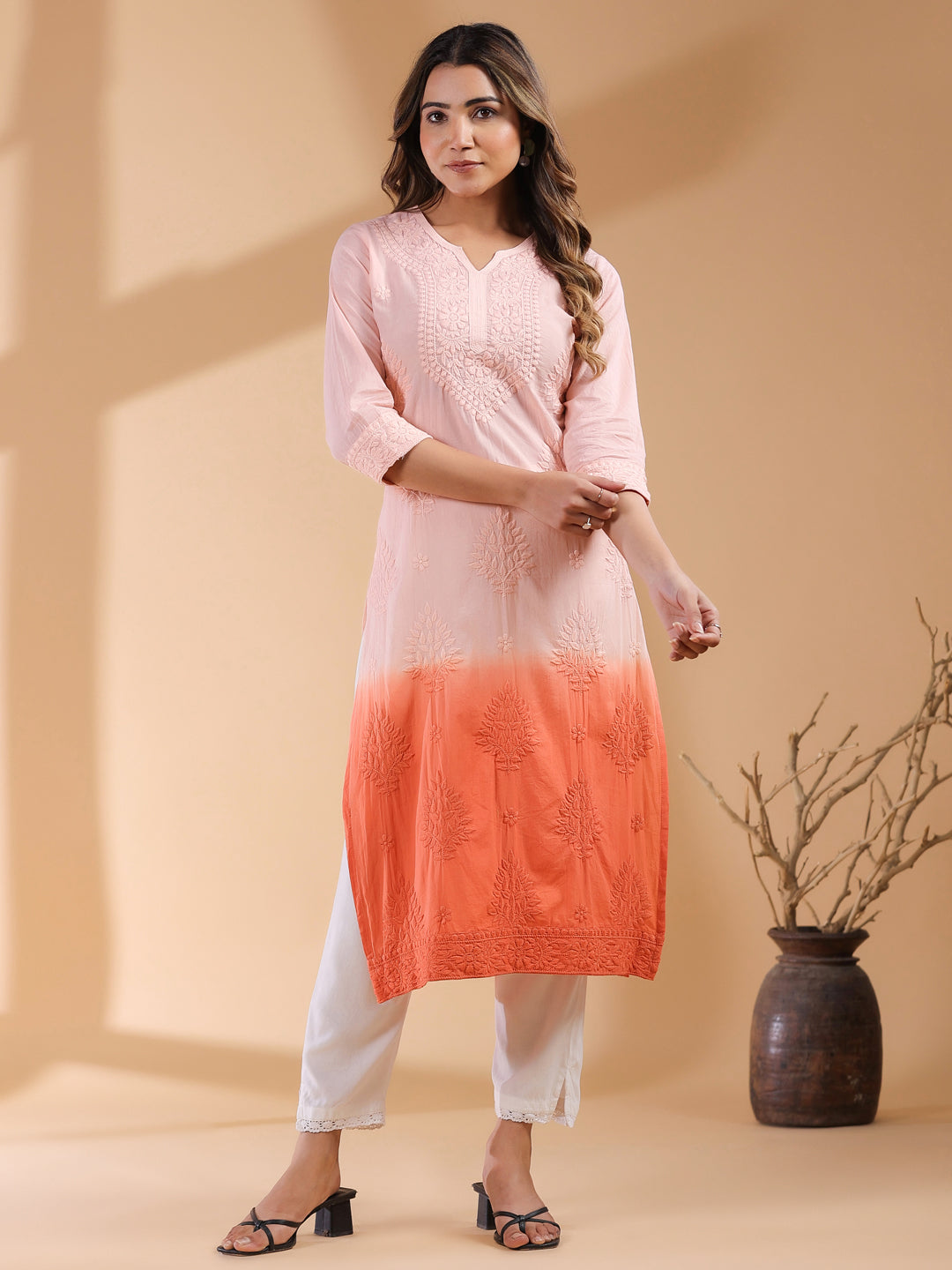 Peach Ombre Pure Cotton Chikankari Embroidered Straight Kurta