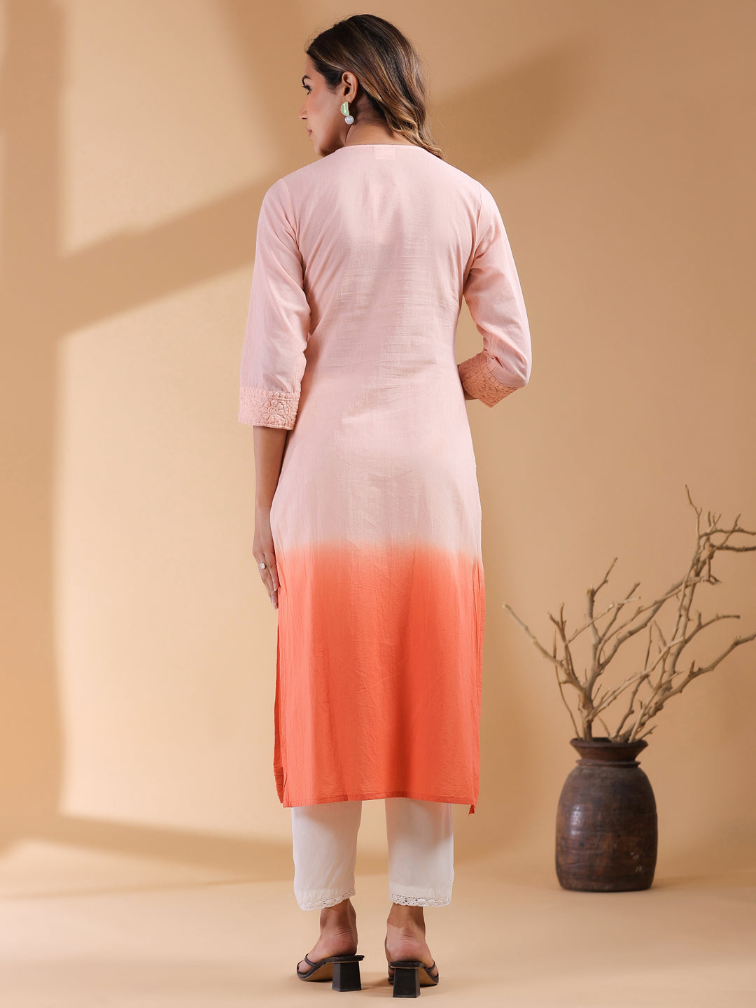 Peach Ombre Pure Cotton Chikankari Embroidered Straight Kurta