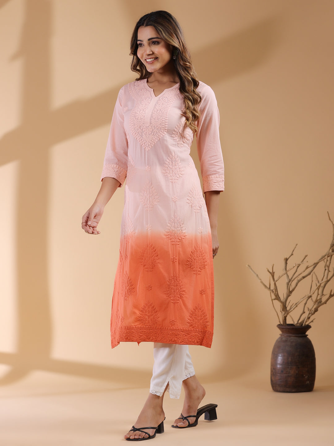 Peach Ombre Pure Cotton Chikankari Embroidered Straight Kurta