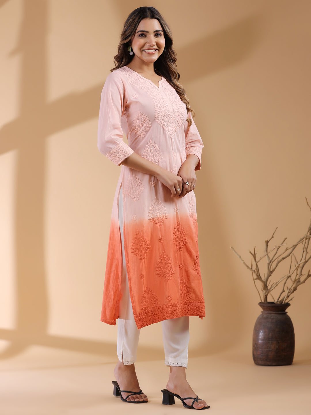 Peach Ombre Pure Cotton Chikankari Embroidered Straight Kurta