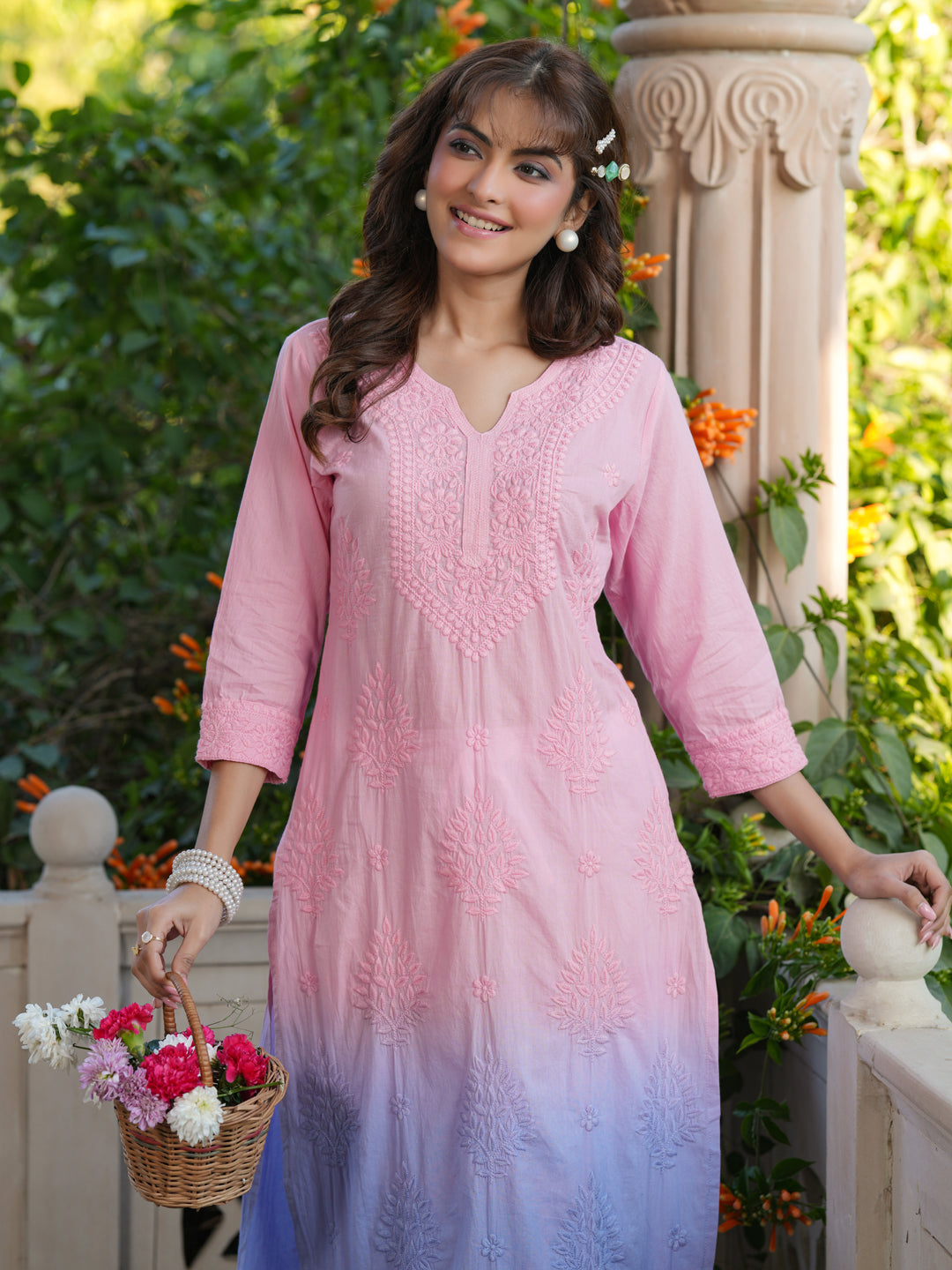 Baby Pink Ombre Pure Cotton Chikankari Embroidered Straight Kurta