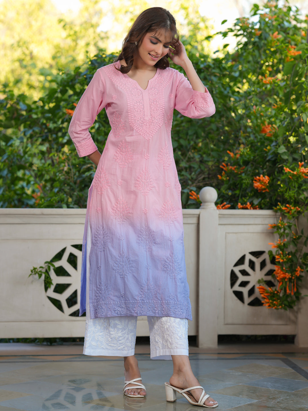 Baby Pink Ombre Pure Cotton Chikankari Embroidered Straight Kurta