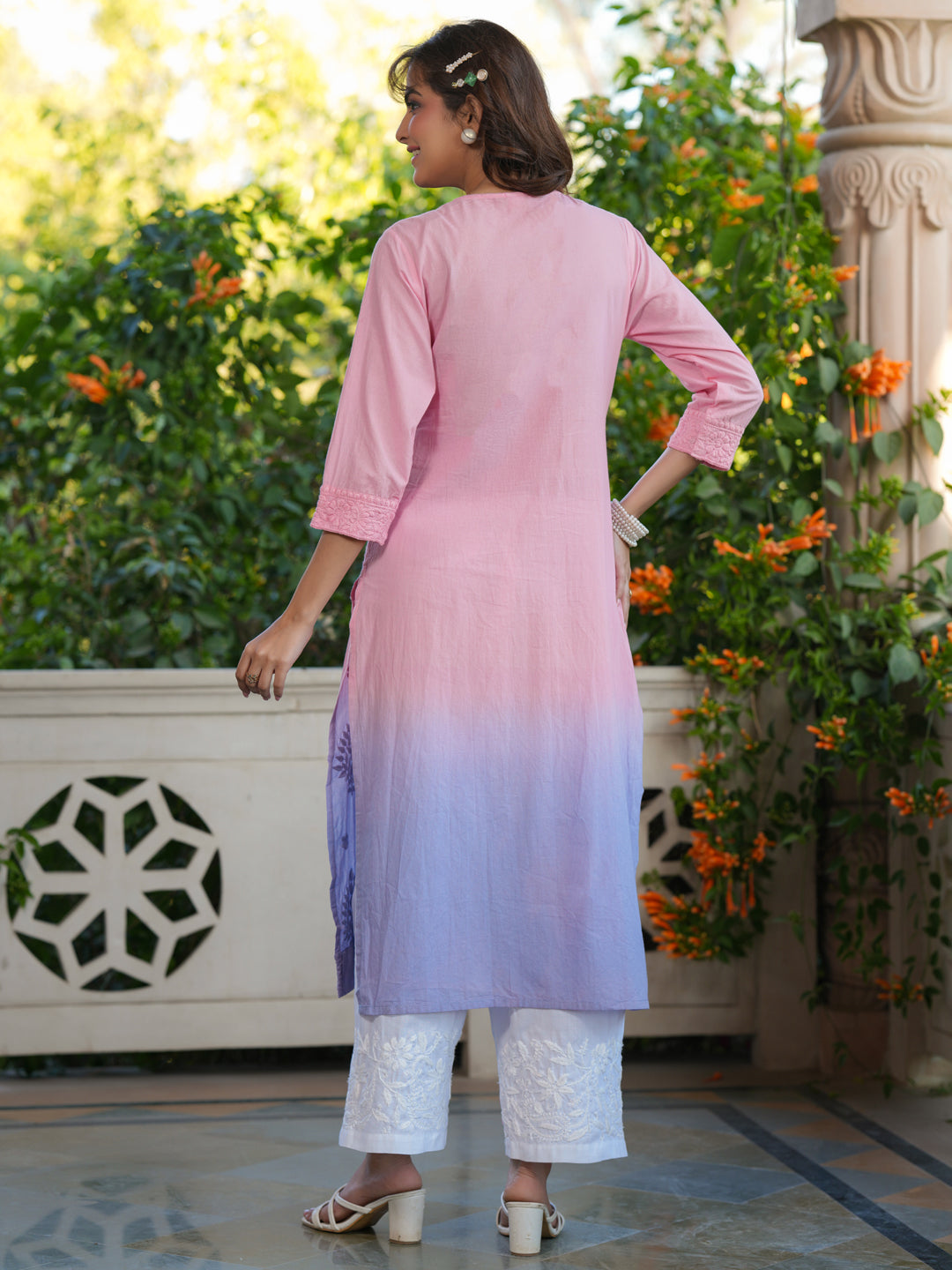 Baby Pink Ombre Pure Cotton Chikankari Embroidered Straight Kurta