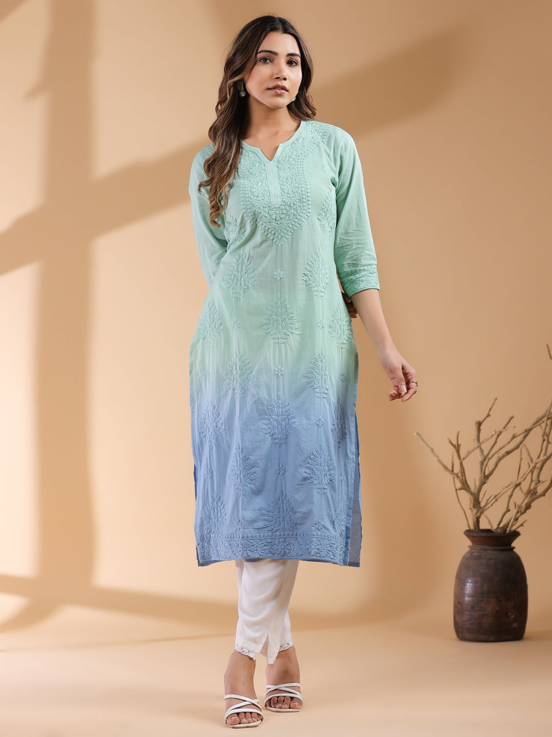 Mint Green Pure Cotton Ombre Chikankari Embroidered Straight Kurta