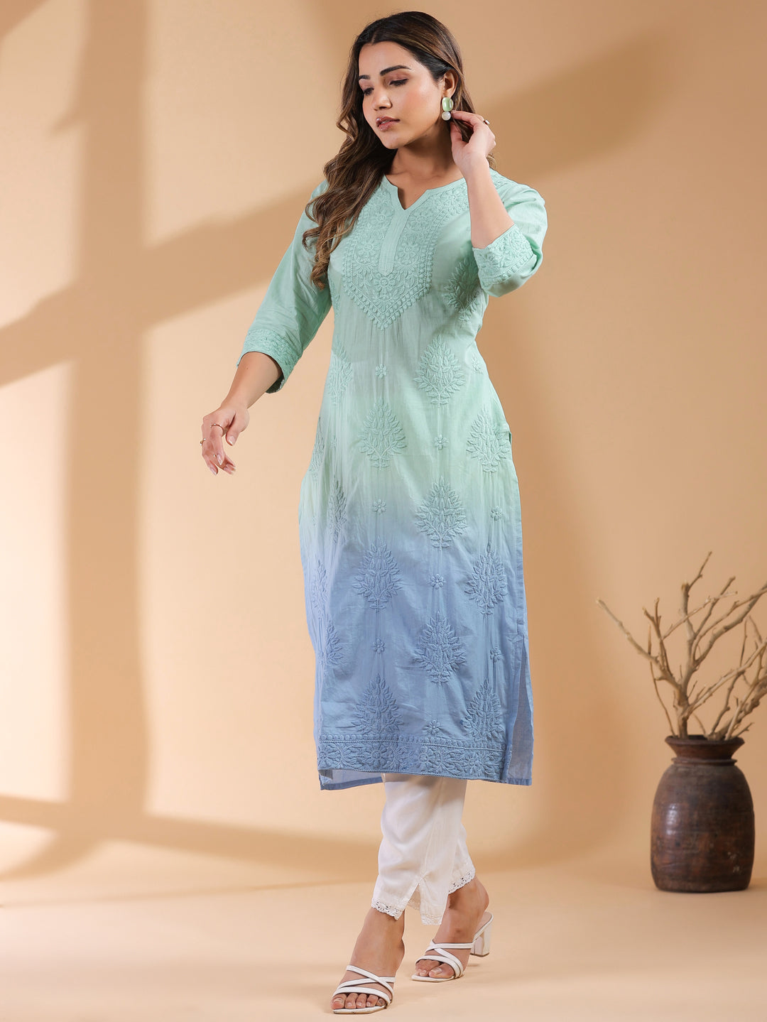 Mint Green Pure Cotton Ombre Chikankari Embroidered Straight Kurta