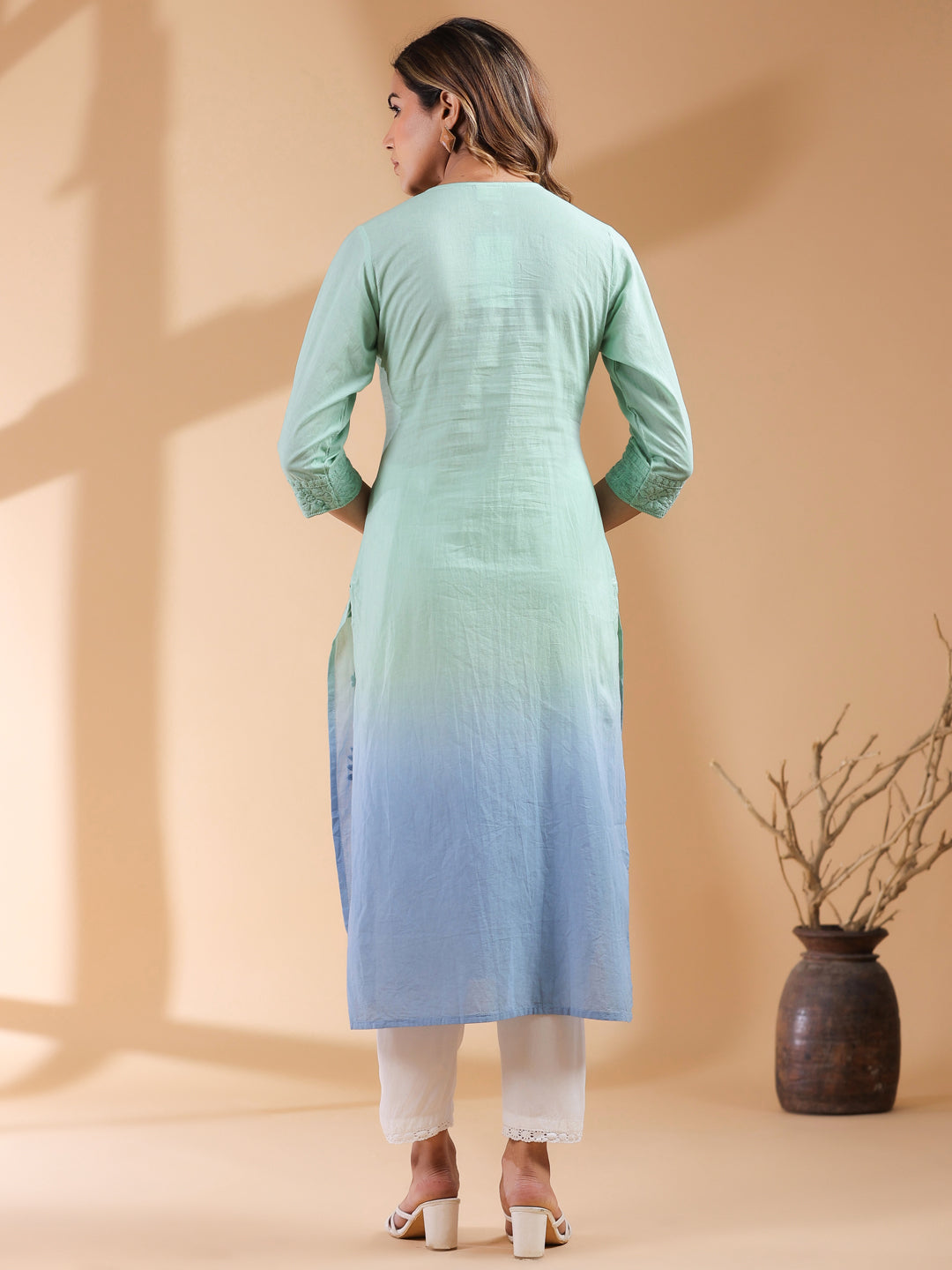 Mint Green Pure Cotton Ombre Chikankari Embroidered Straight Kurta