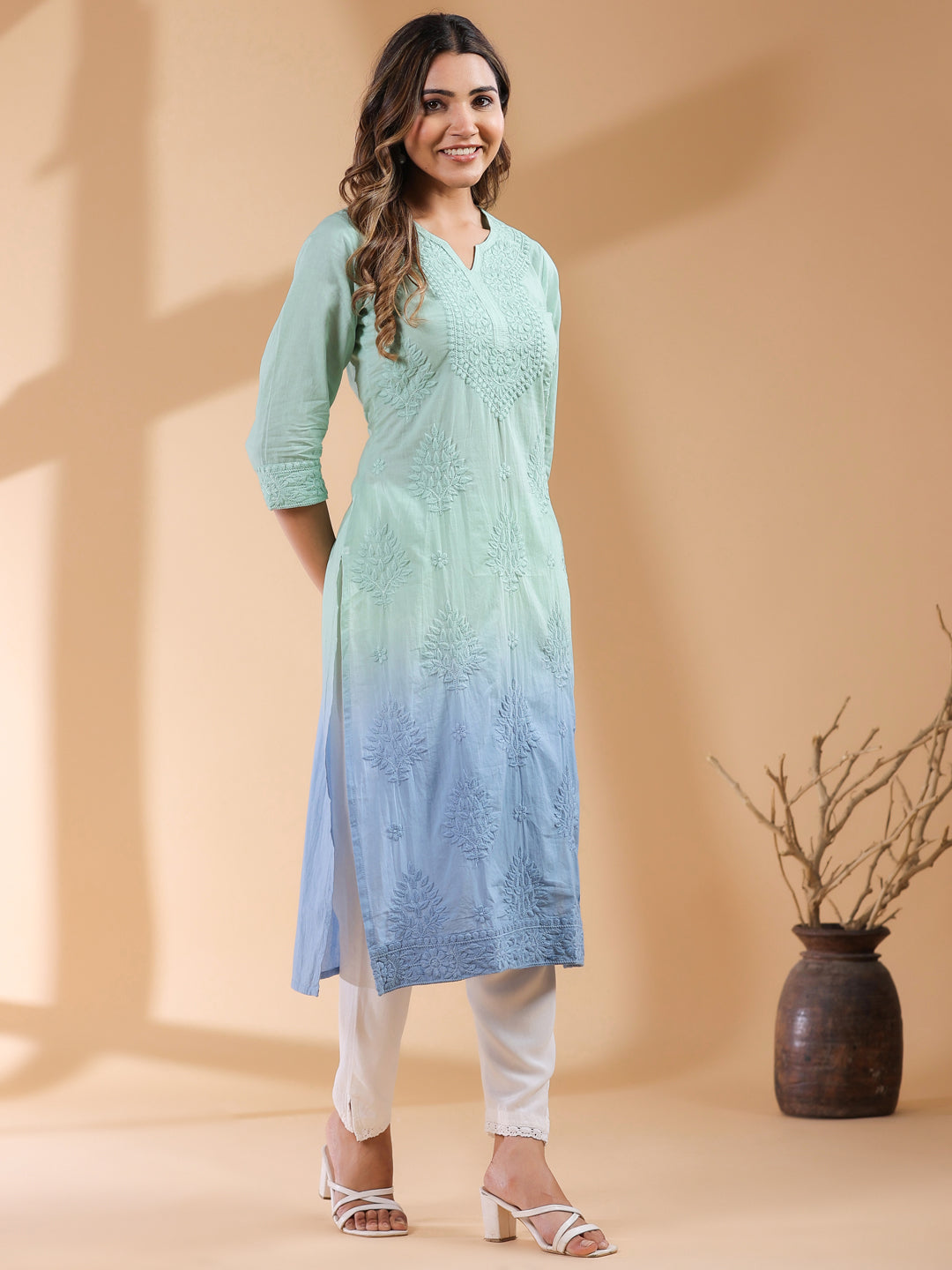 Mint Green Pure Cotton Ombre Chikankari Embroidered Straight Kurta