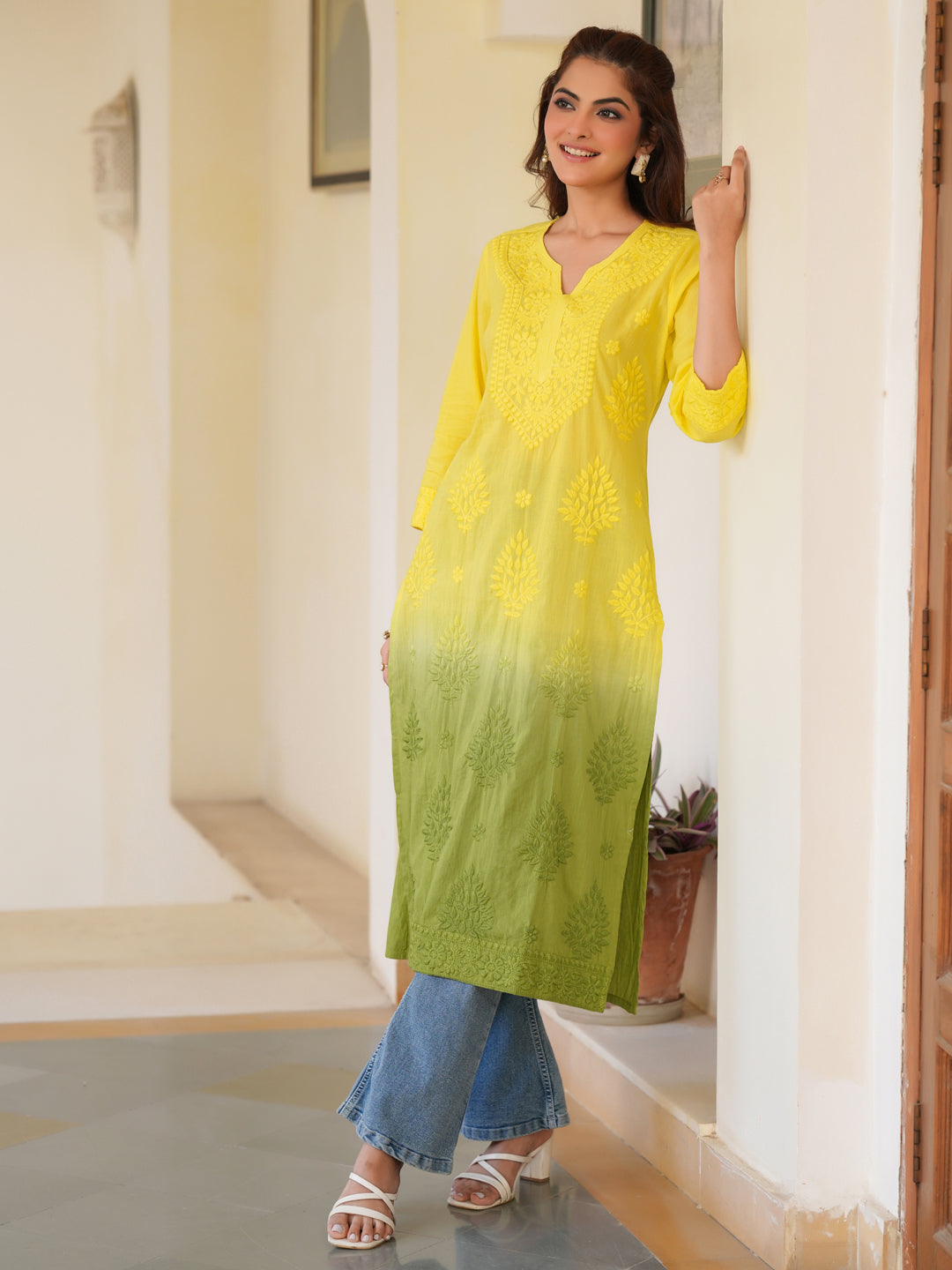 Lime Yellow Pure Cotton Ombre Chikankari Embroidered Straight Kurta