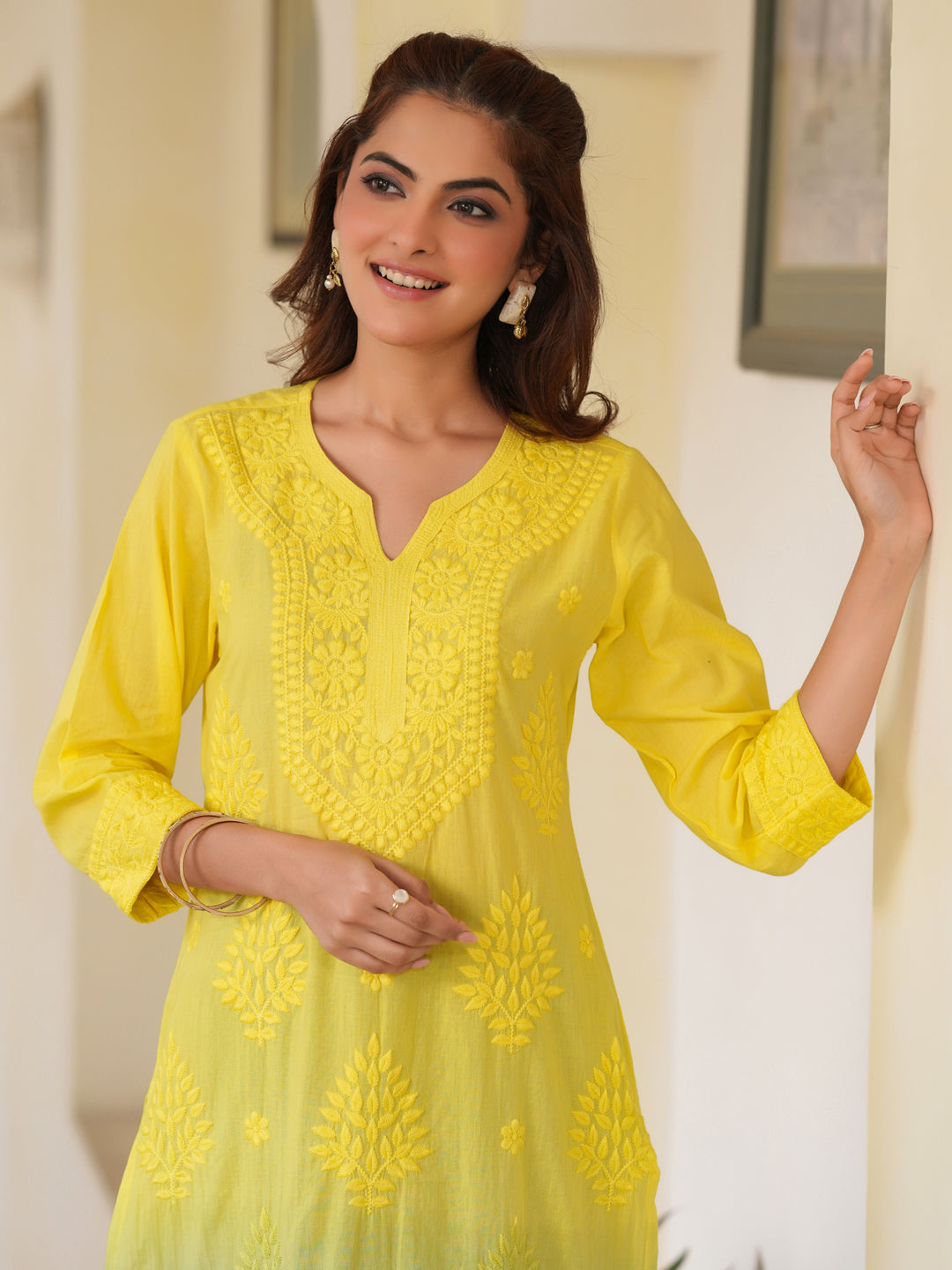 Lime Yellow Pure Cotton Ombre Chikankari Embroidered Straight Kurta