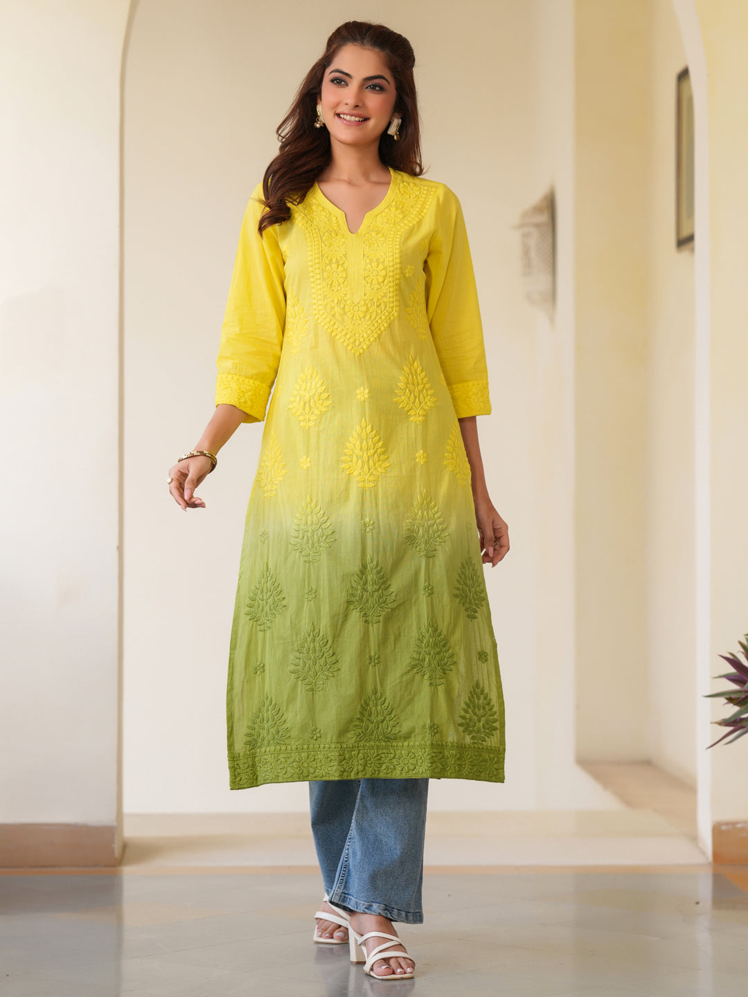 Lime Yellow Pure Cotton Ombre Chikankari Embroidered Straight Kurta