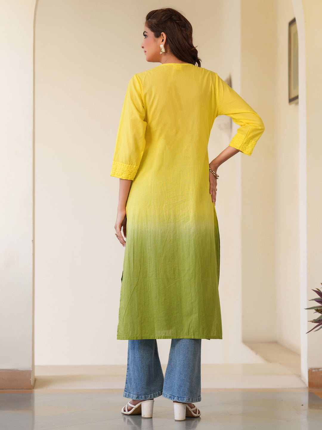 Lime Yellow Pure Cotton Ombre Chikankari Embroidered Straight Kurta