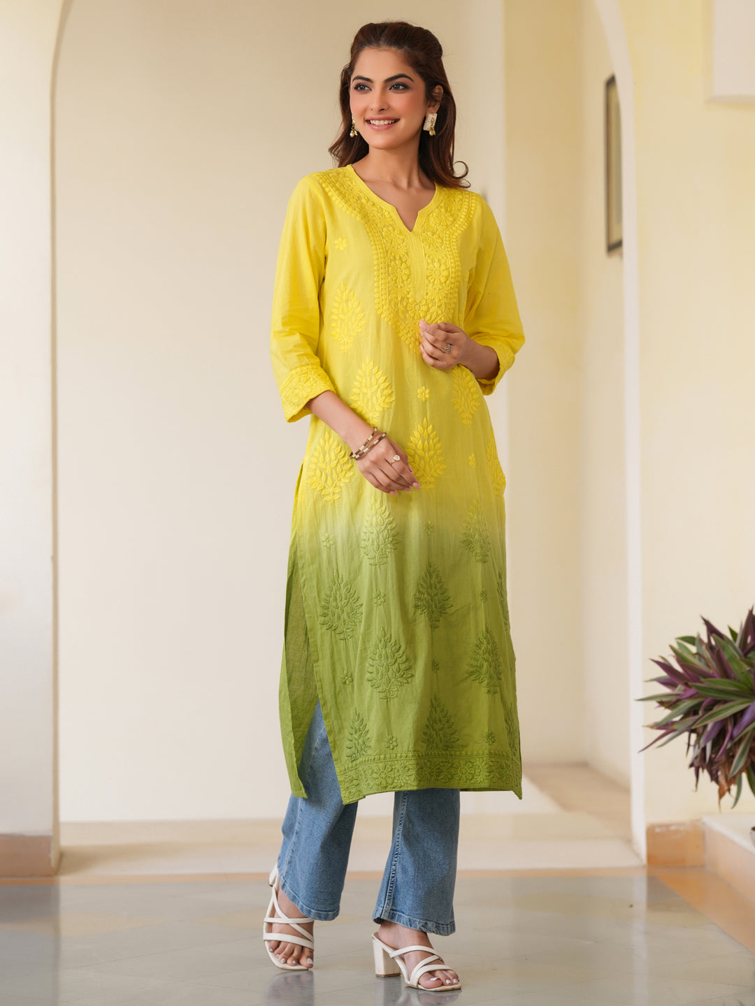 Lime Yellow Pure Cotton Ombre Chikankari Embroidered Straight Kurta