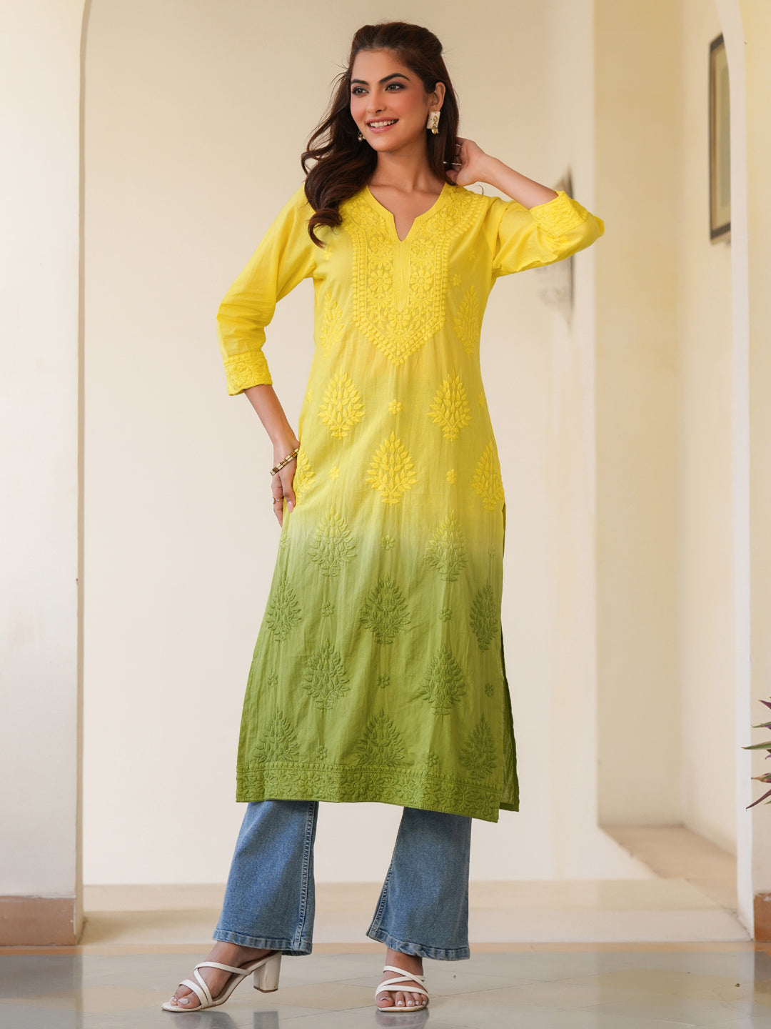 Lime Yellow Pure Cotton Ombre Chikankari Embroidered Straight Kurta