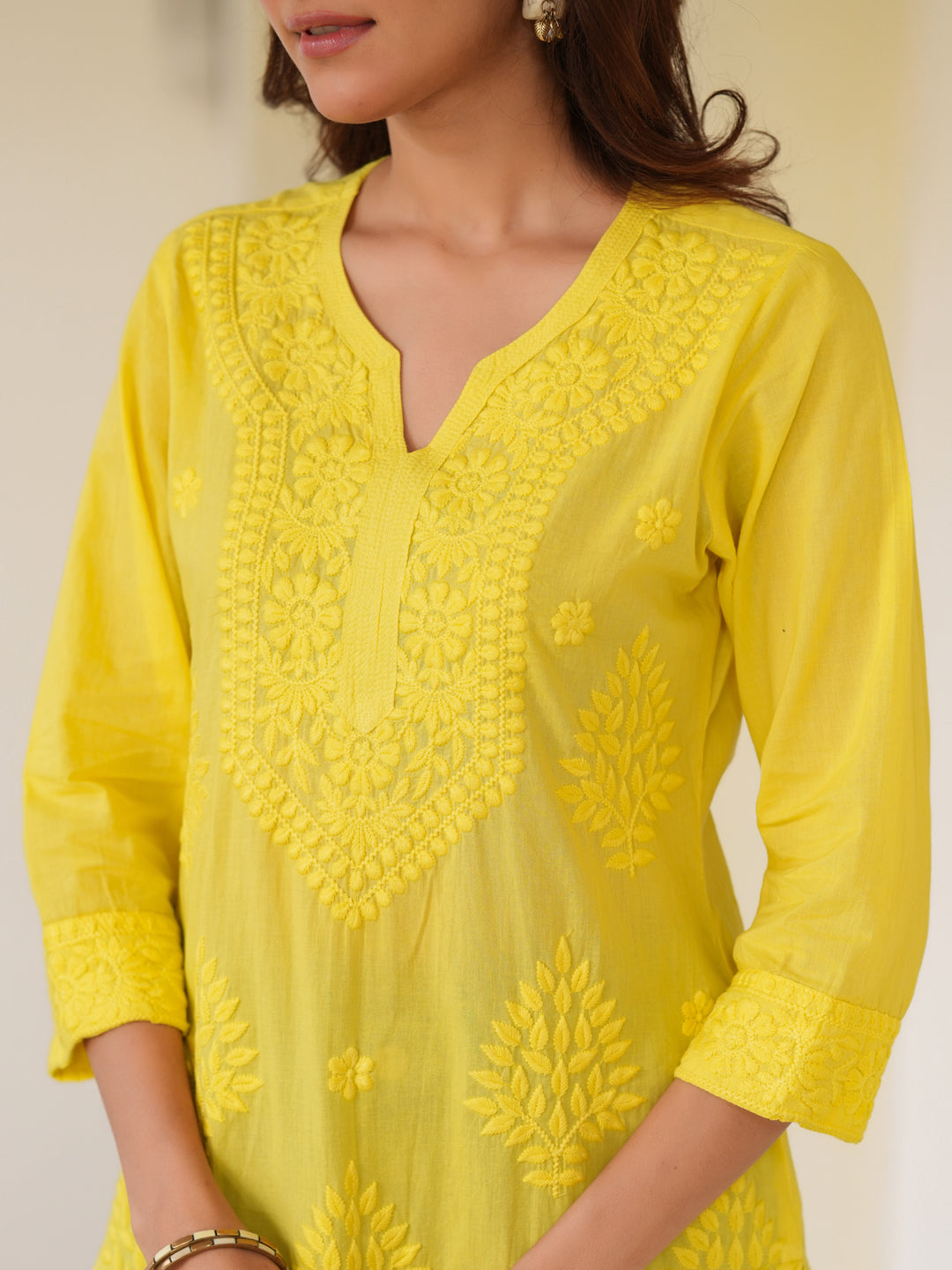 Lime Yellow Pure Cotton Ombre Chikankari Embroidered Straight Kurta