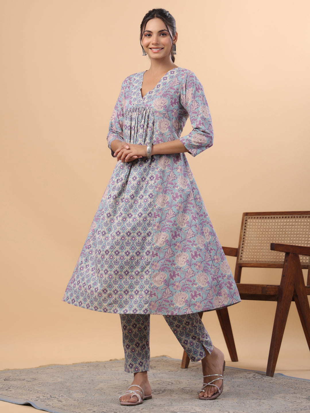 Light Blue Cotton Floral Panelled Kurta Set