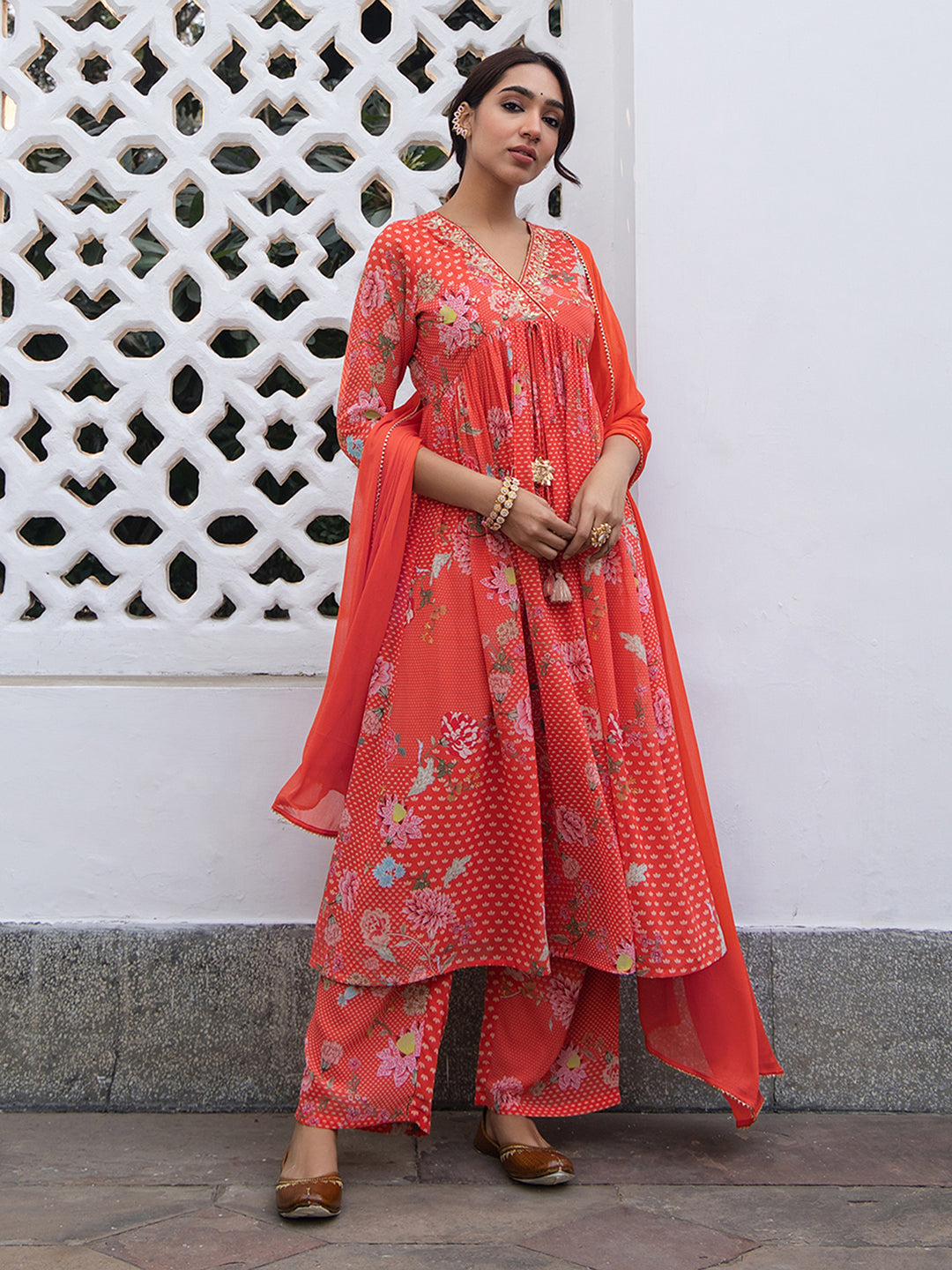 Red Georgette Yoke Embroidery Gathered Kurta Set