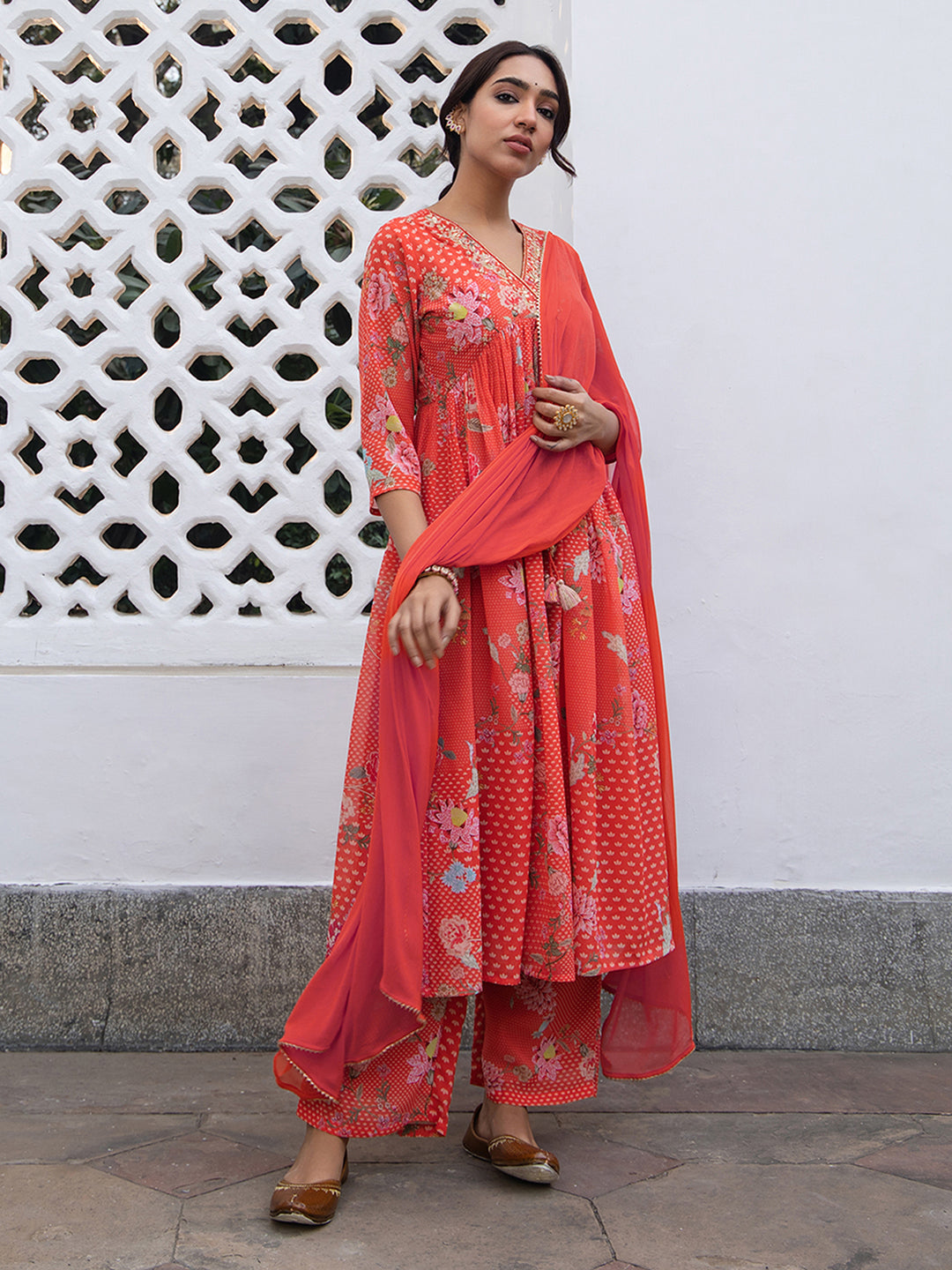 Red Georgette Yoke Embroidery Gathered Kurta Set