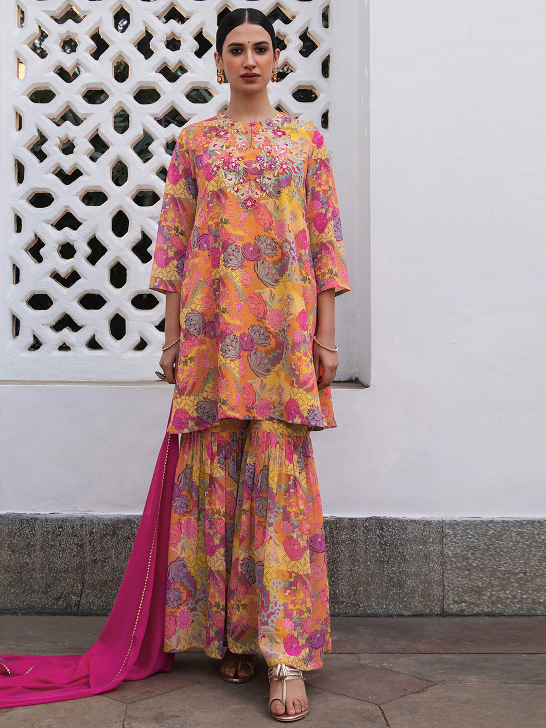 Multicolor Georgette Floral Yoke Embroidery Panelled Kurta Set