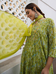 Lime Green Georgette Yoke Embroidery Anarkali Kurta Set