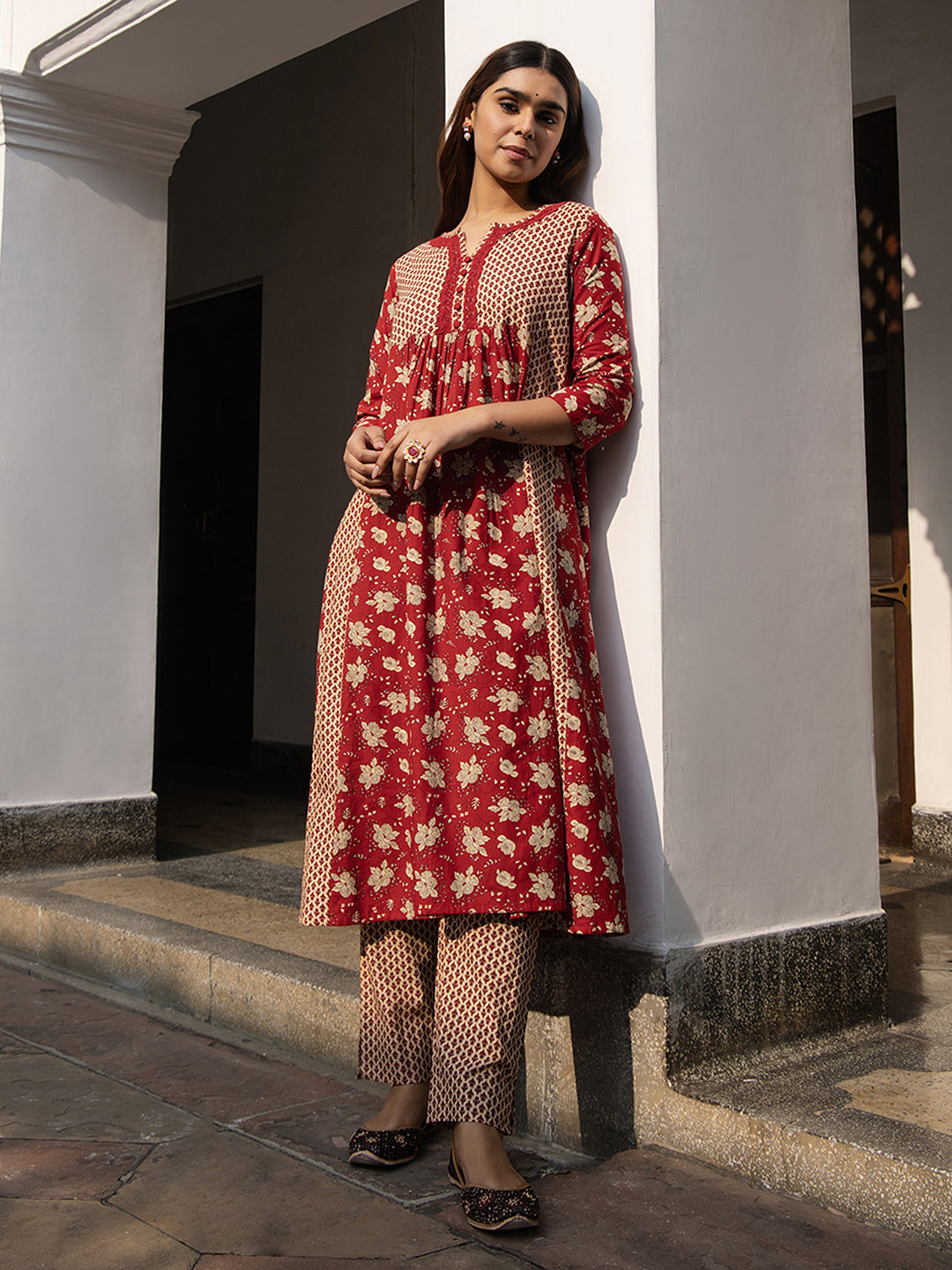 Red Cotton Floral Kurta Pant Set