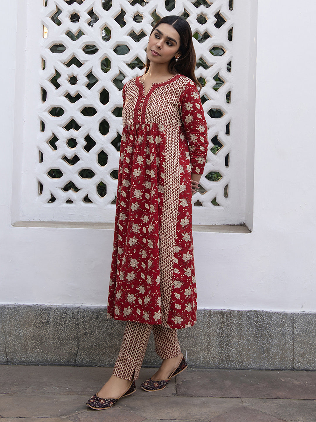 Red Cotton Floral Kurta Pant Set