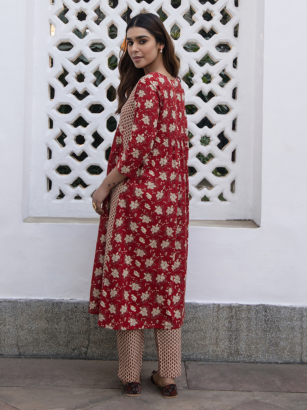 Red Cotton Floral Kurta Pant Set