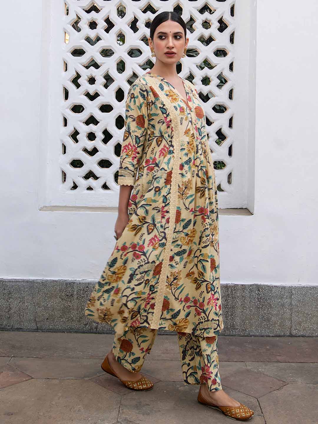 Beige Cotton Floral Kurta Pant Set