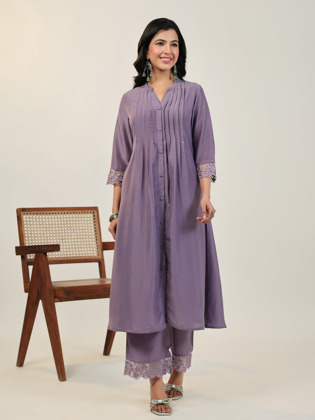 Lavender Silk Blend Embroidered Sleeve Pleated A-line Kurta Set