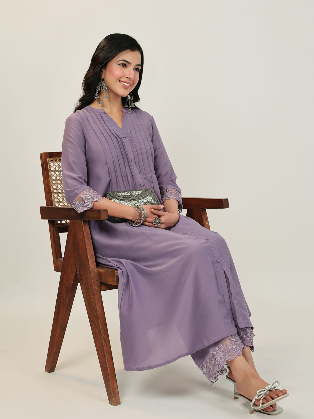 Lavender Silk Blend Embroidered Sleeve Pleated A-line Kurta Set