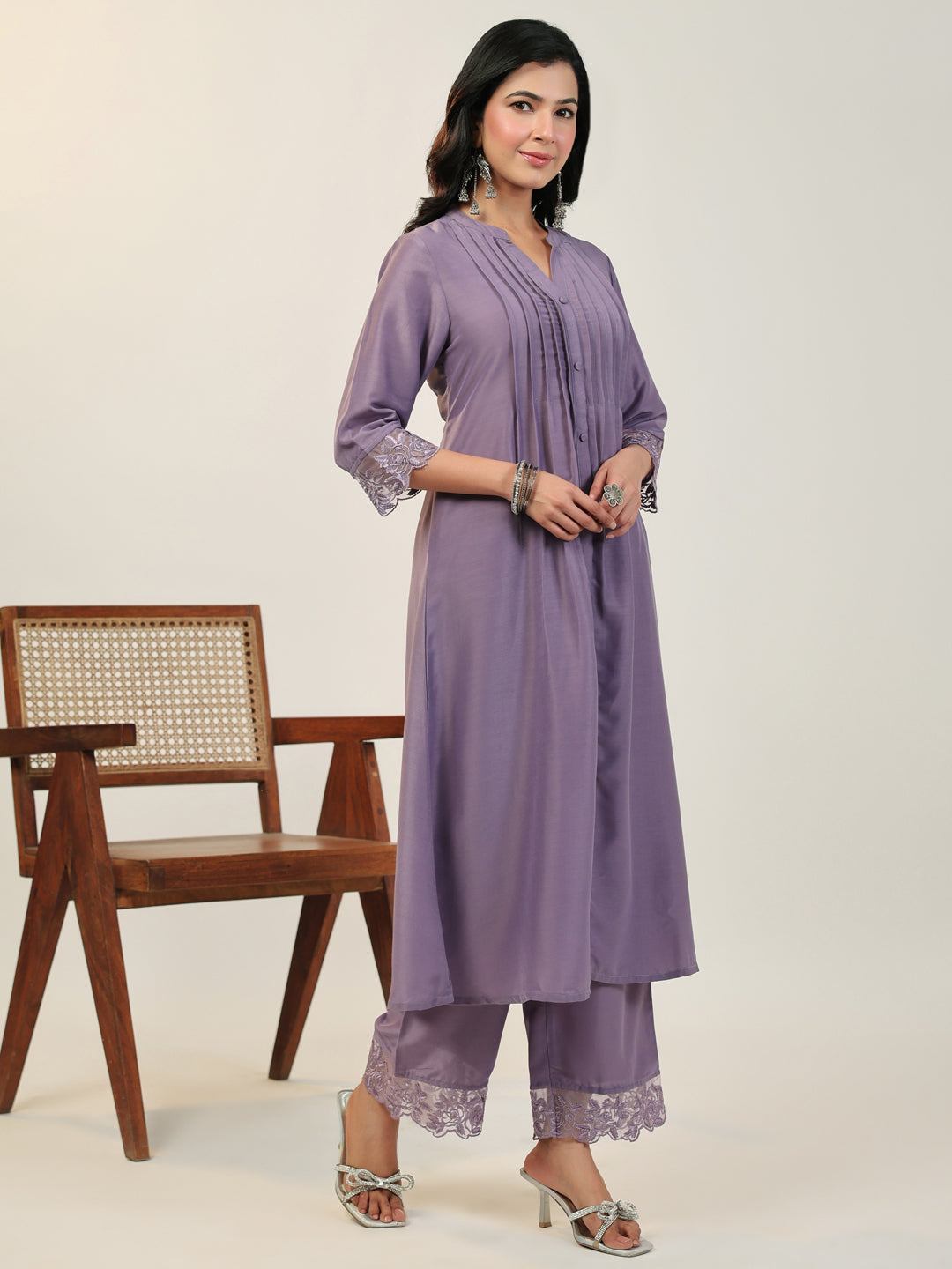 Lavender Silk Blend Embroidered Sleeve Pleated A-line Kurta Set