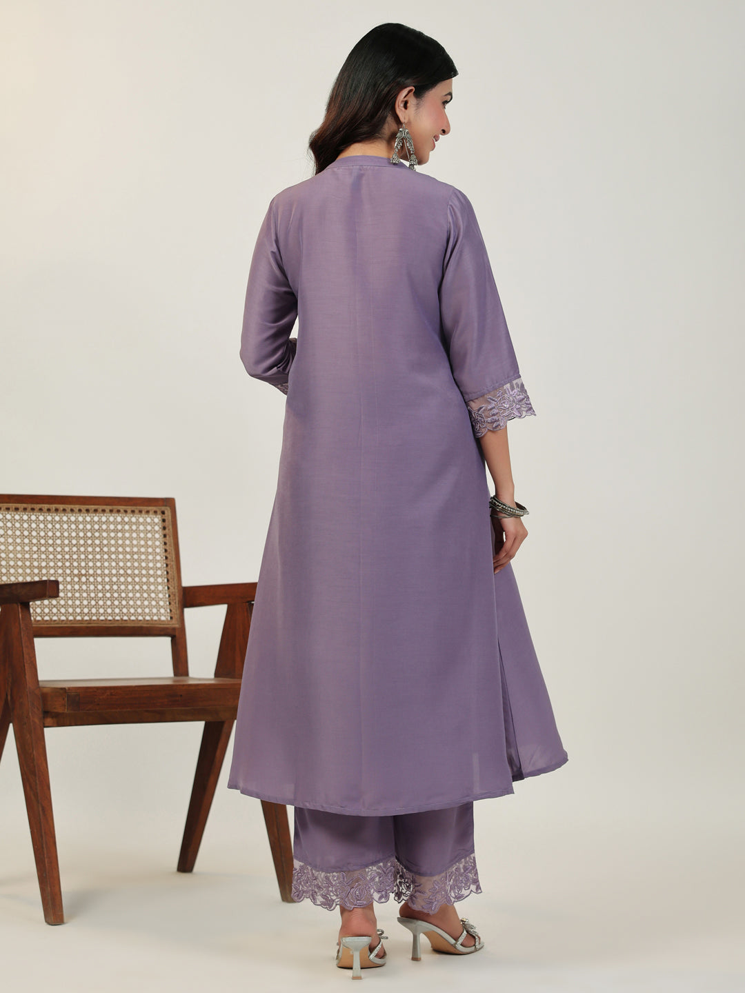 Lavender Silk Blend Embroidered Sleeve Pleated A-line Kurta Set