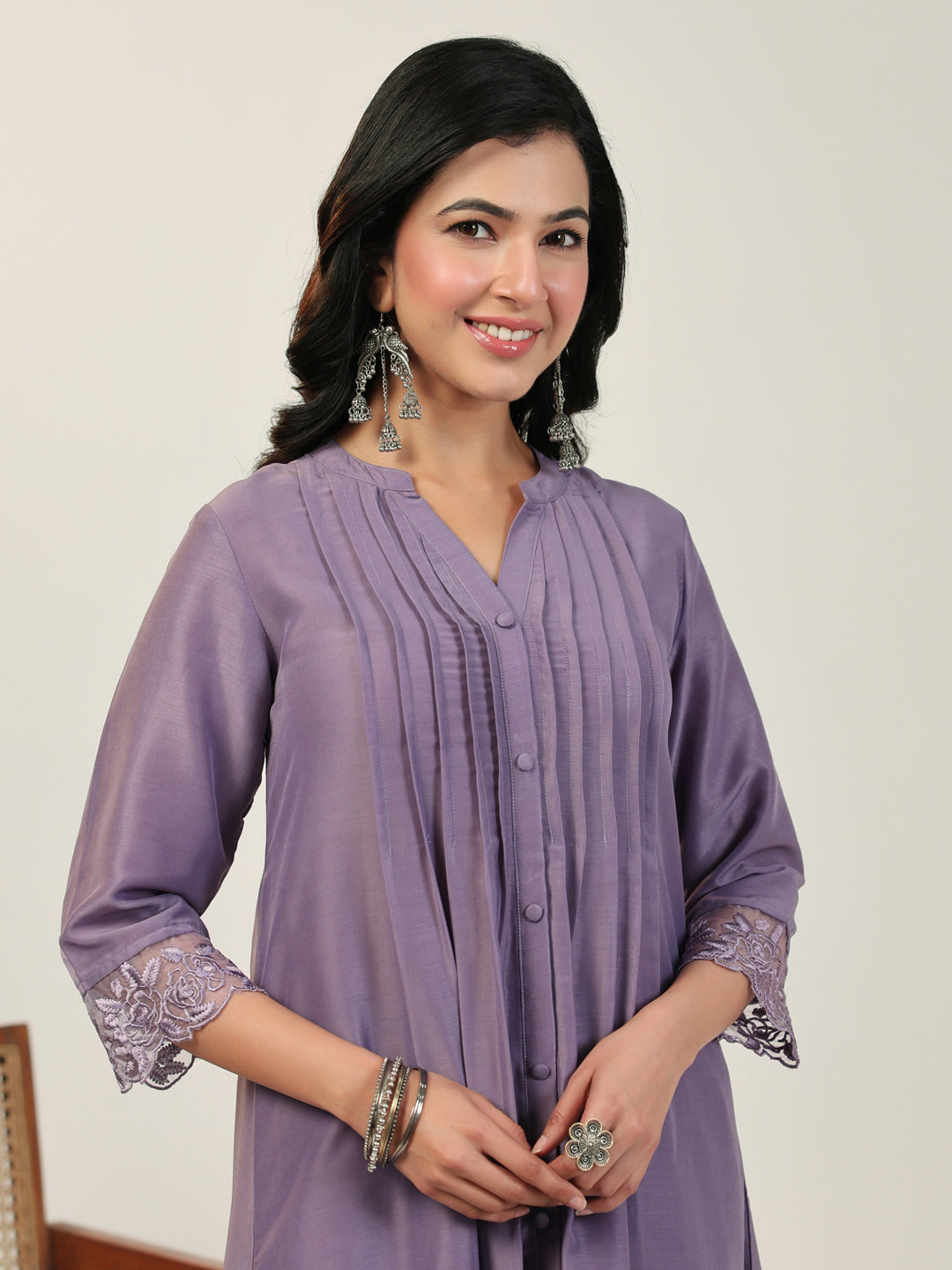 Lavender Silk Blend Embroidered Sleeve Pleated A-line Kurta Set