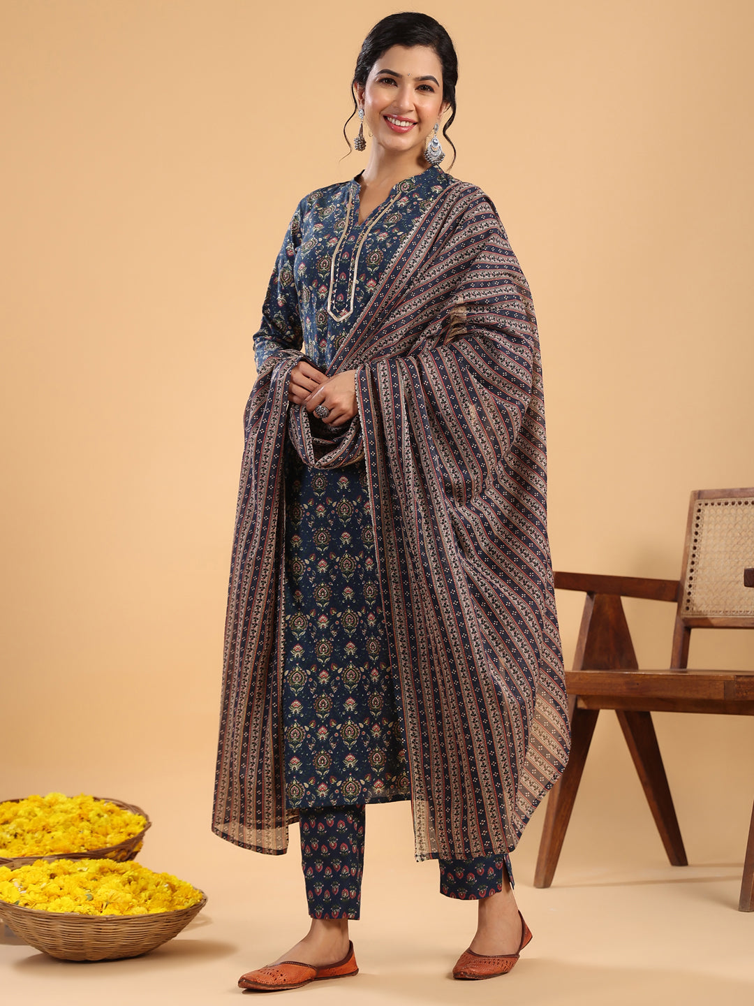 Dark Blue Cotton Ethnic Motifs Straight Kurta Set