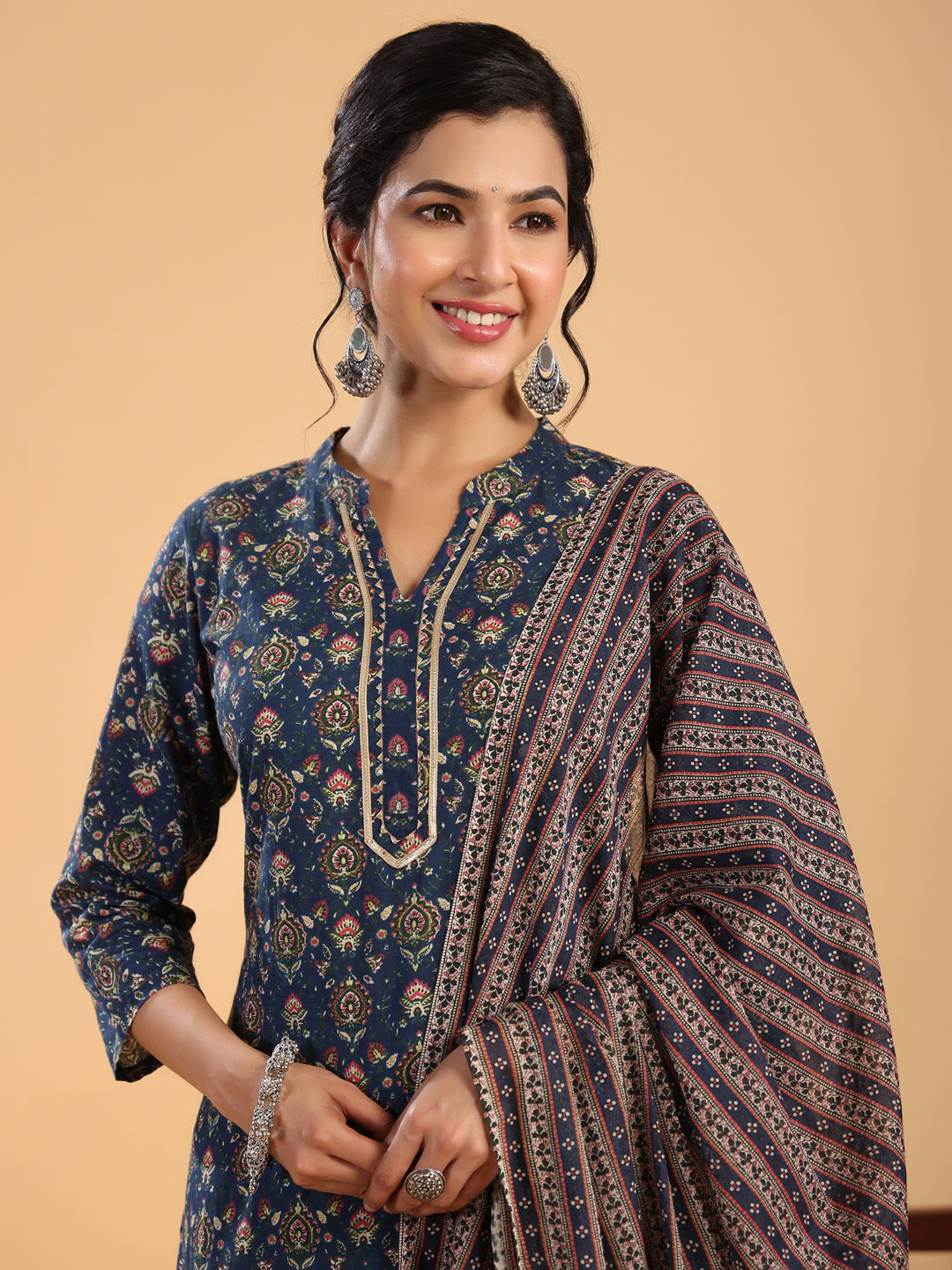 Dark Blue Cotton Ethnic Motifs Straight Kurta Set