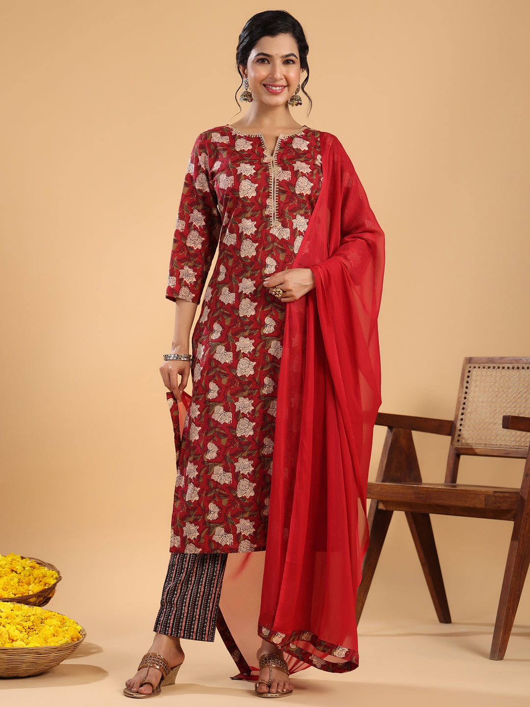 Maroon Cotton Printed Regular Kurta Set