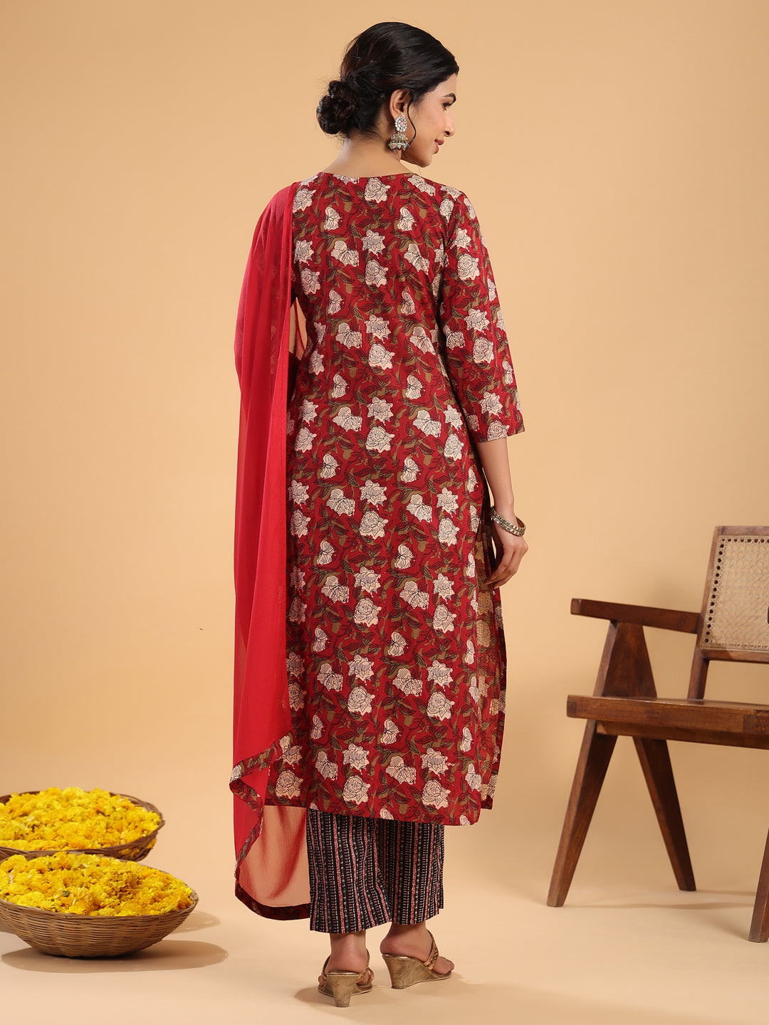 Maroon Cotton Printed Regular Kurta Set