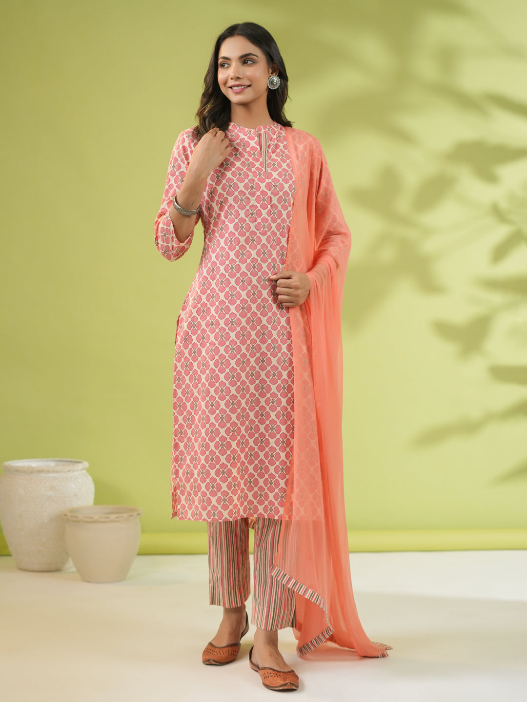 Peach Cotton Floral Regular Kurta Set