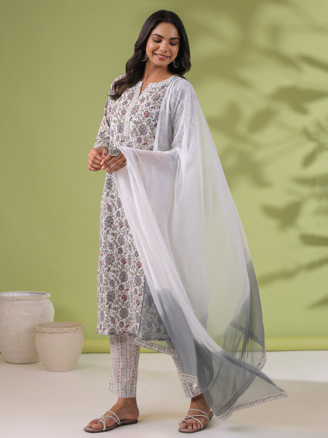 White Cotton Floral Regular Kurta Set