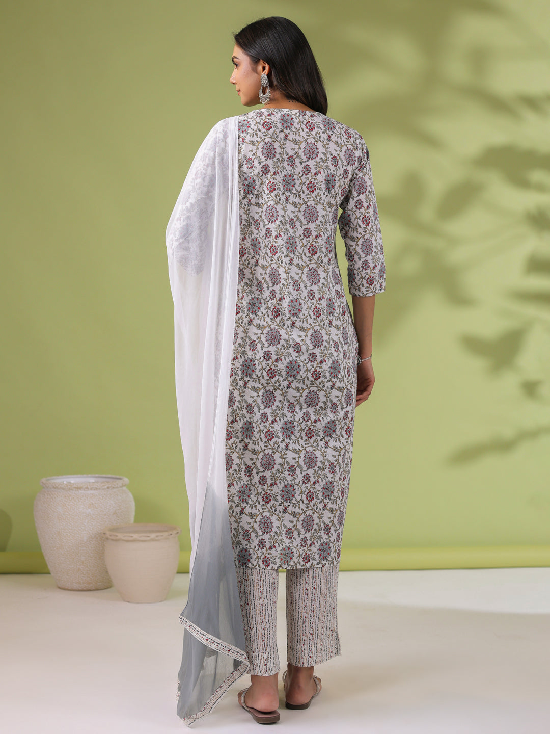 White Cotton Floral Regular Kurta Set