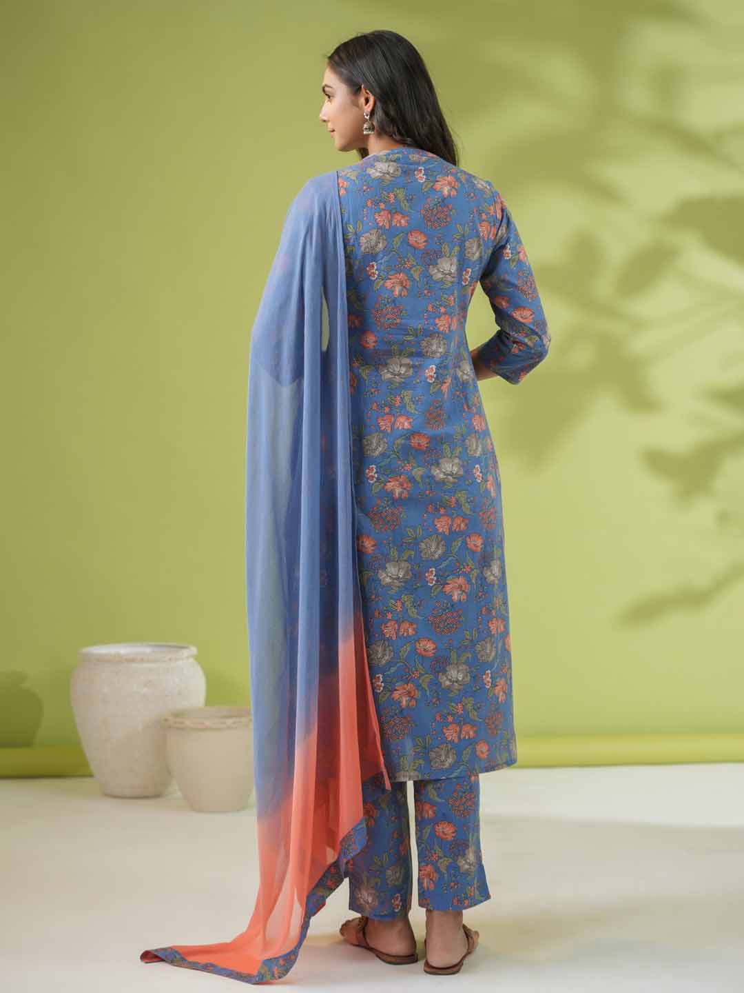 Blue Cotton Floral Straight Kurta Set