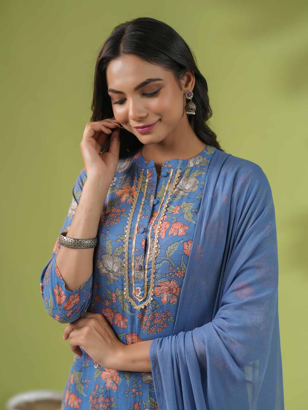 Blue Cotton Floral Straight Kurta Set