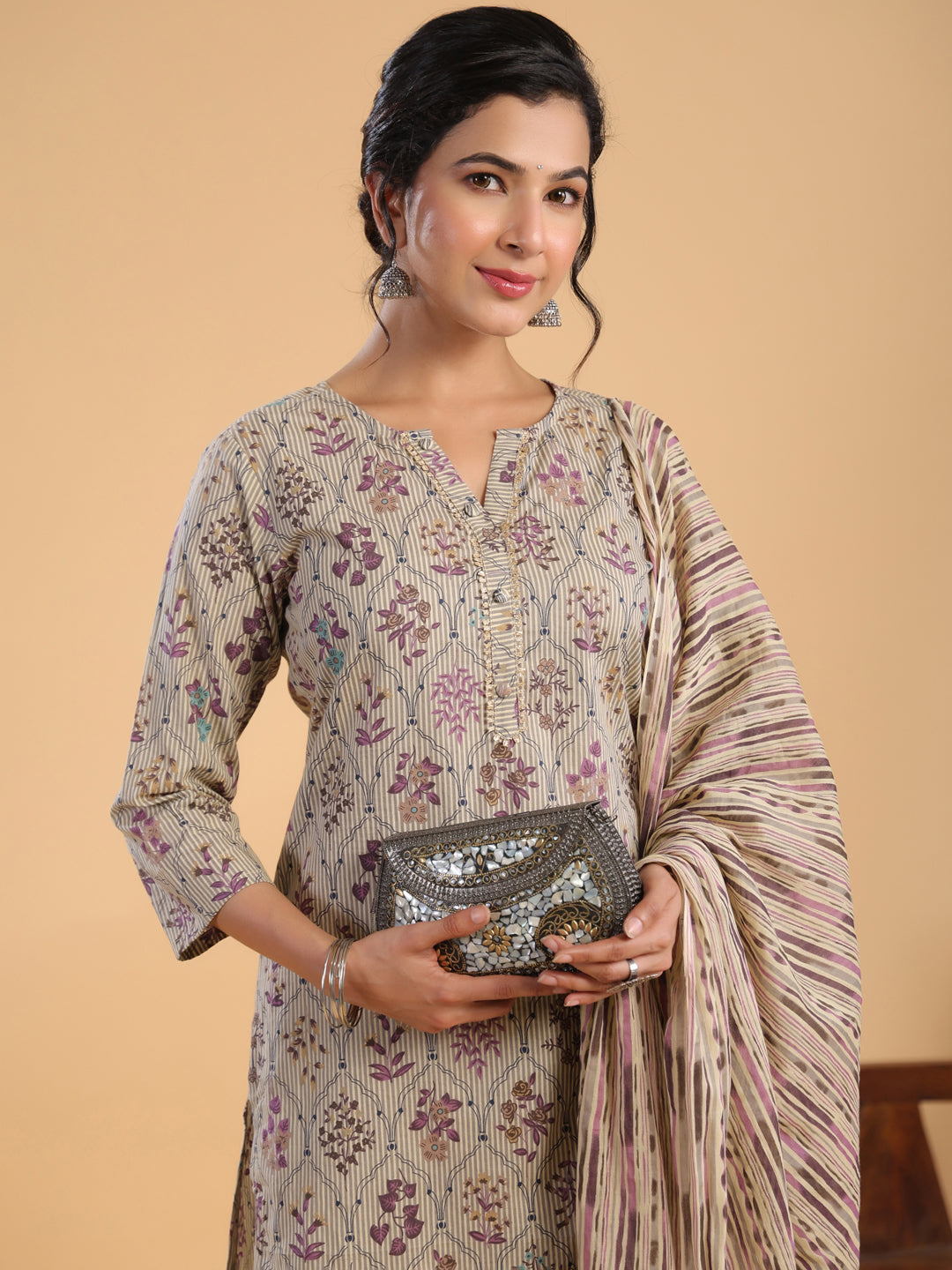 Cream Cotton Floral Regular Kurta Set