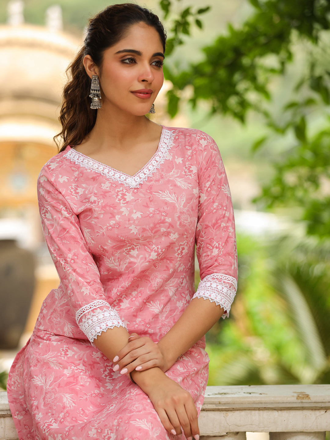 Pink Cotton Floral Regular Kurta Set