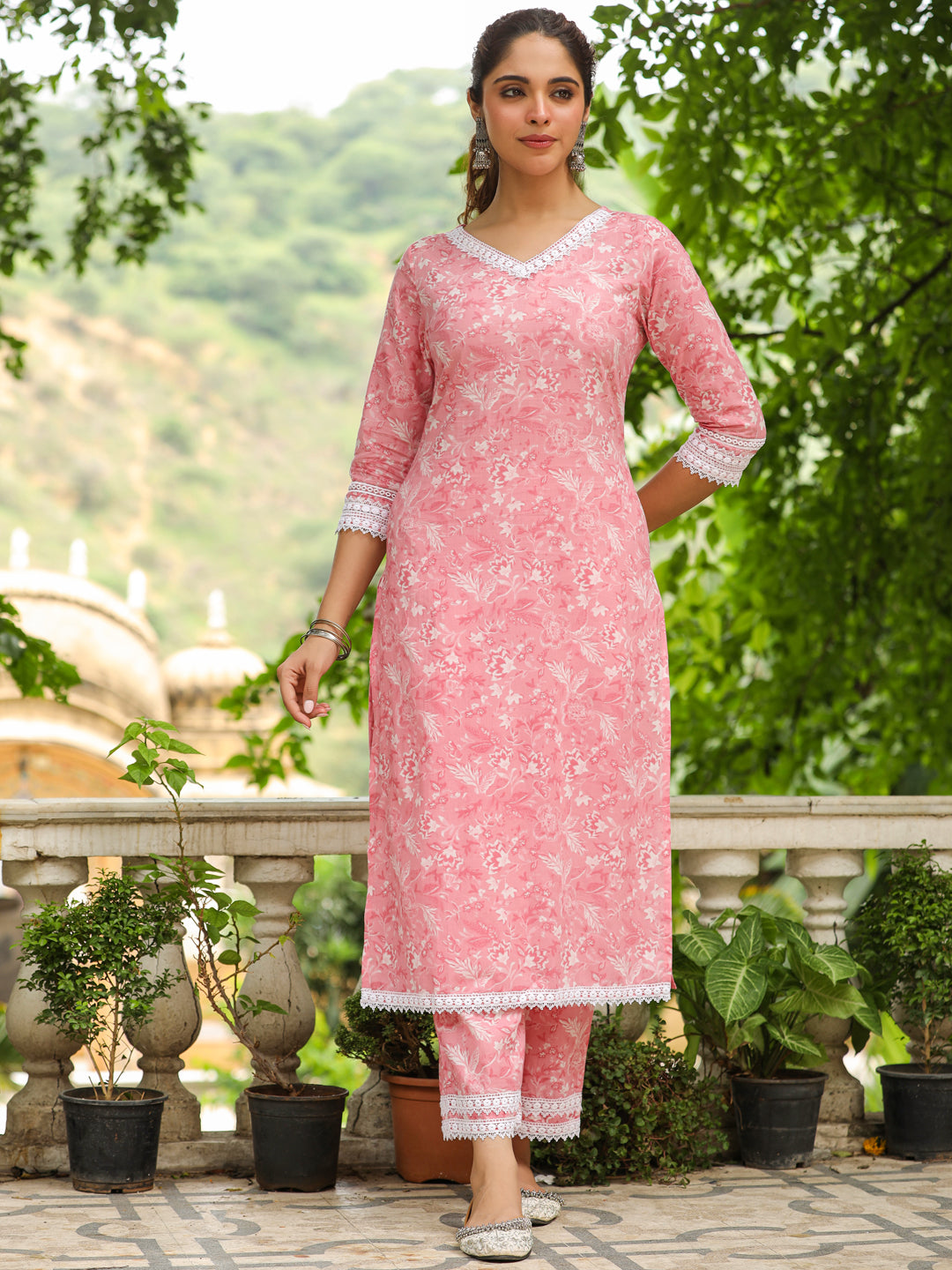 Pink Cotton Floral Regular Kurta Set