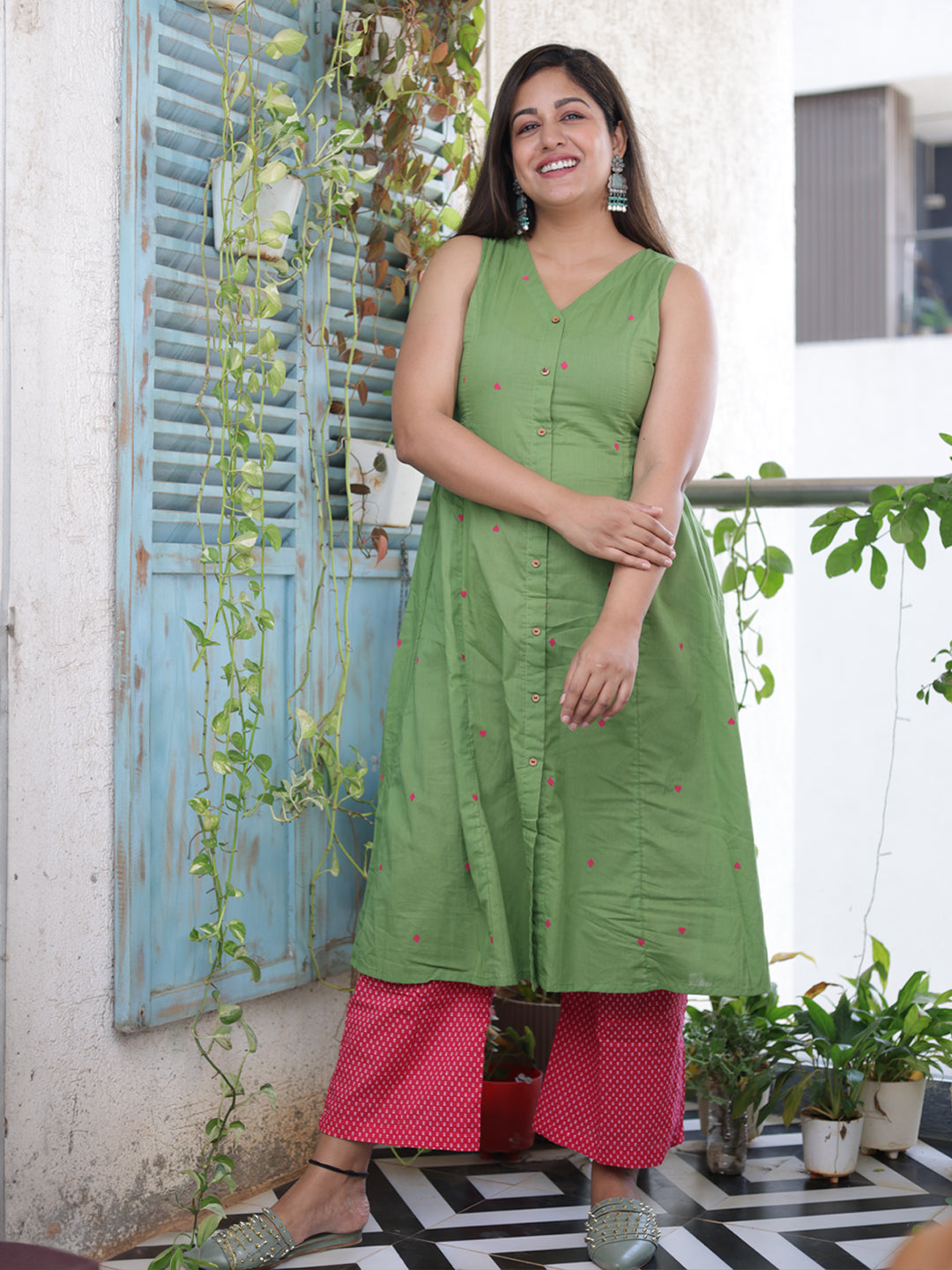 Green Cotton Geometric A-Line Kurta Set