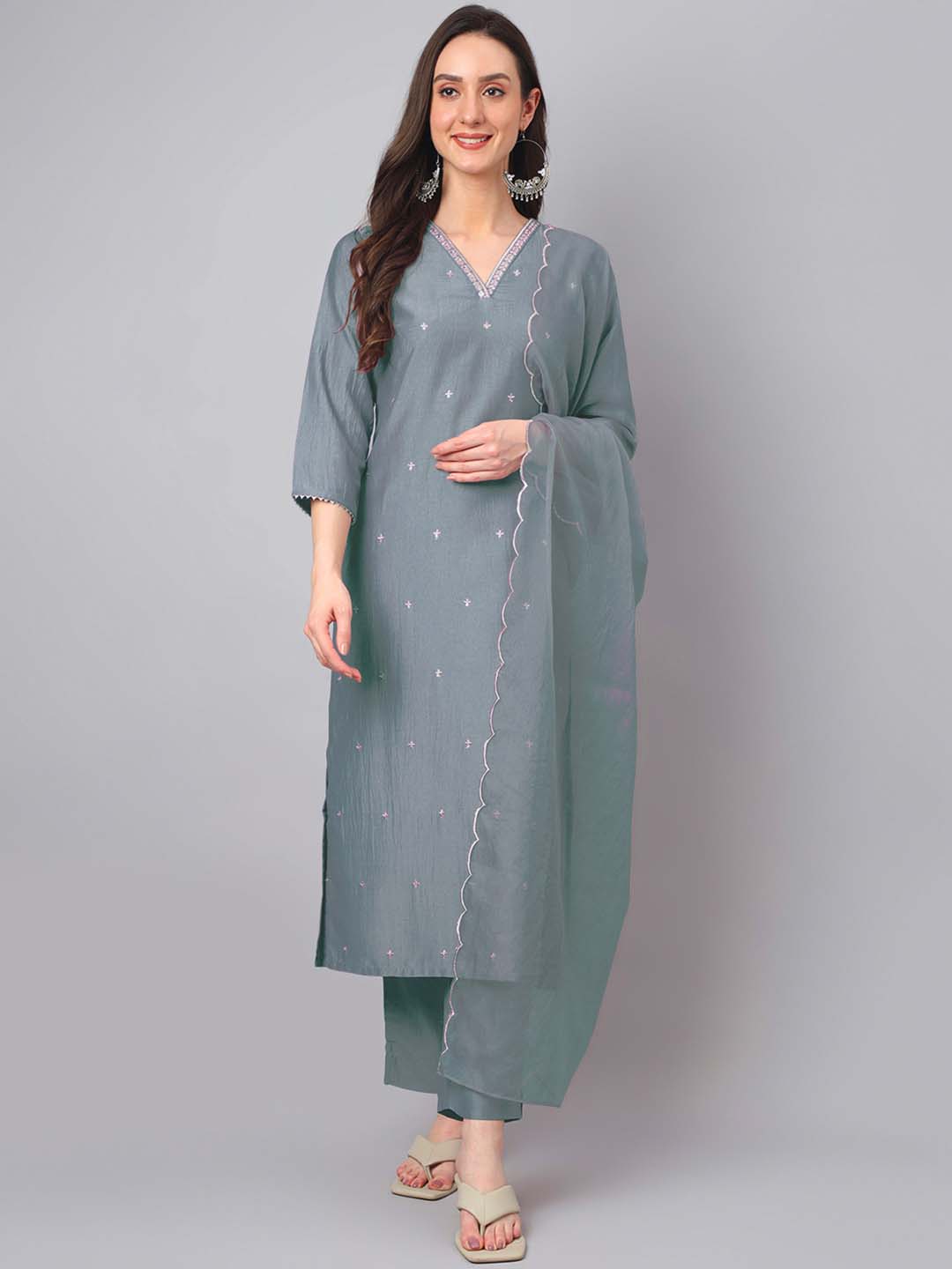 Ice Blue Silk Blend Embroidered Regular Kurta Set